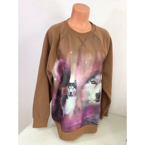 No Boundaries Tops - Brown Wolf Sweatshirt Retro Animals Womens XL